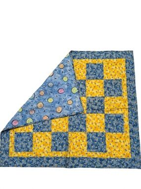 Handcrafted Patchwork Baby Quilt Star Pattern Two Sided Yellow & Blue Unisex